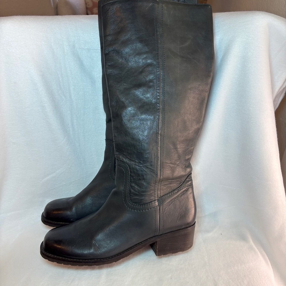 Lucky Brand Womens Black Leather Knee High Riding Boots Lug Sole Block Heel